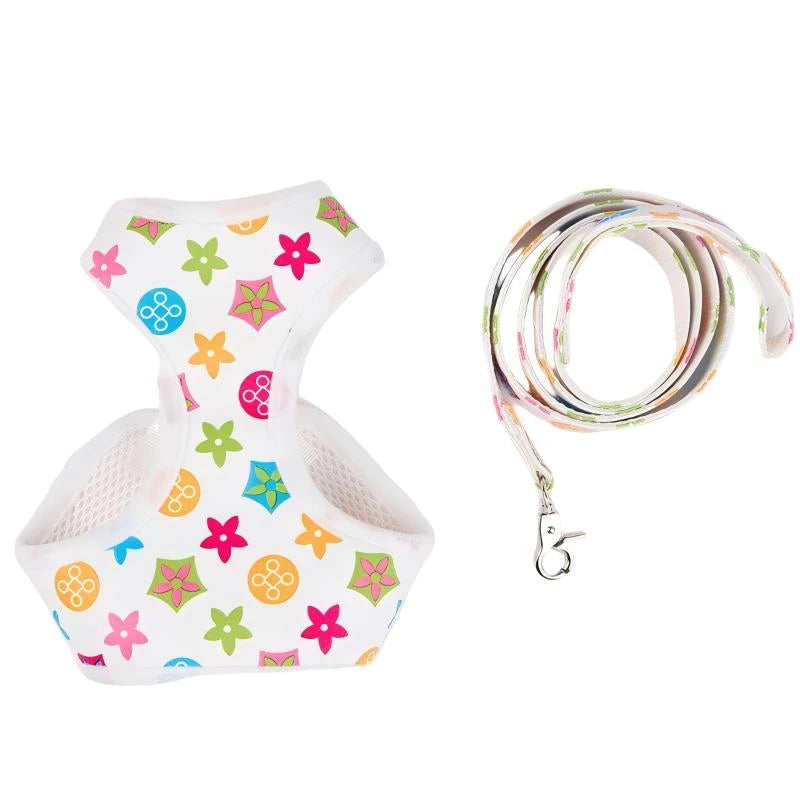 Designer Dog Harness & Leash Set – Classic Pattern Breathable Mesh Walking Set for Small Dogs
