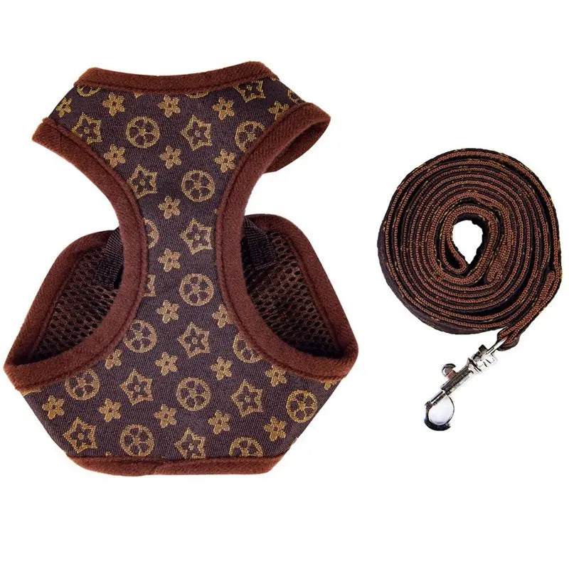 Designer Dog Harness & Leash Set – Classic Pattern Breathable Mesh Walking Set for Small Dogs