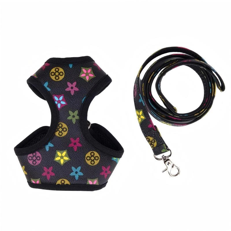 Designer Dog Harness & Leash Set – Classic Pattern Breathable Mesh Walking Set for Small Dogs