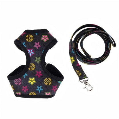 Designer Dog Harness & Leash Set – Classic Pattern Breathable Mesh Walking Set for Small Dogs