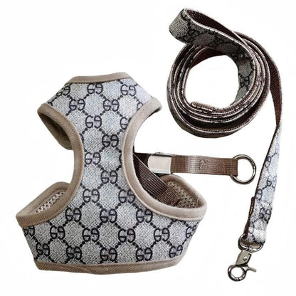 Designer Dog Harness & Leash Set – Classic Pattern Breathable Mesh Walking Set for Small Dogs