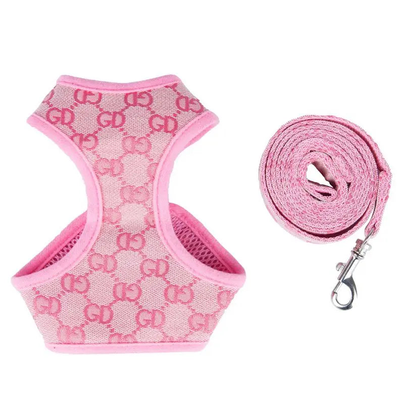Designer Dog Harness & Leash Set – Classic Pattern Breathable Mesh Walking Set for Small Dogs