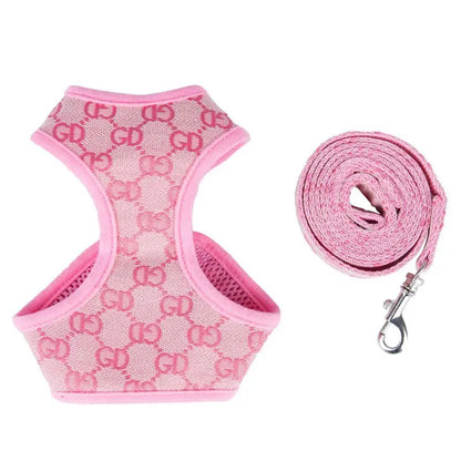 Designer Dog Harness & Leash Set – Classic Pattern Breathable Mesh Walking Set for Small Dogs