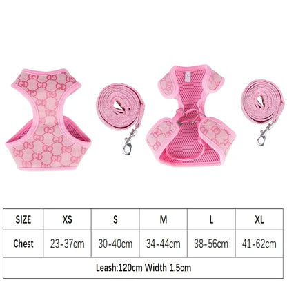 Designer Dog Harness & Leash Set – Classic Pattern Breathable Mesh Walking Set for Small Dogs
